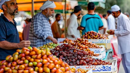 Stalls filled with colorful fruits in a bustling market as customers browse and shop for fresh produce in the morning light