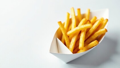 Overhead shot of french fries in a paper boat on white , potatoes, snack, isolated