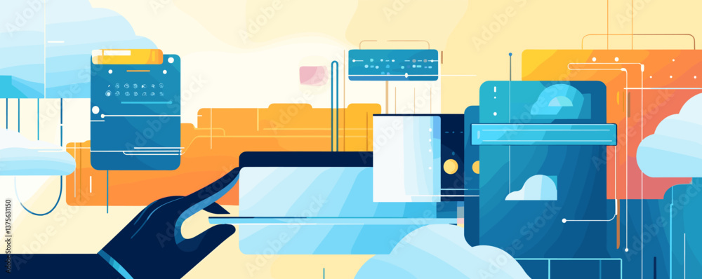 Poster abstract digital technology interface display with hand gesture interaction - vector.