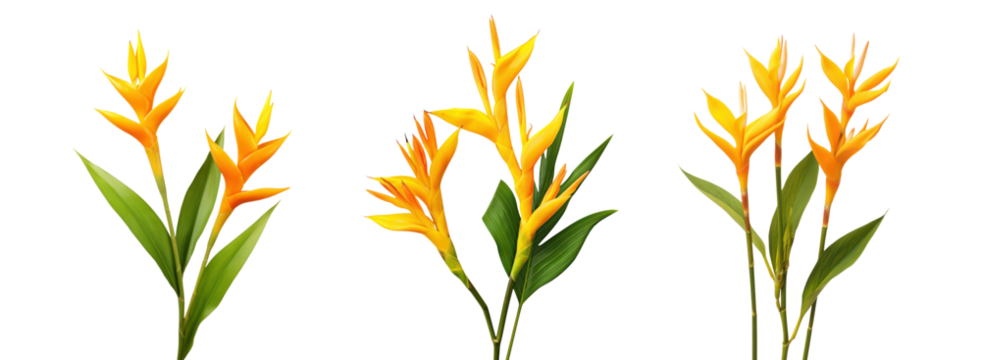yellow heliconia psittacorum golden torch flowers isolated on white or transparent png - Powered by Adobe