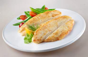 Pangasius mit Zuckerschoten und Tomaten auf weisser Platte, Fischfilet, gebraten, Bratfisch, tellergericht, 

