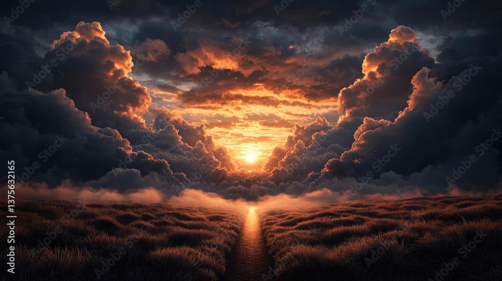 Poster dark clouds sunset horizon with fiery clouds and glowing sky concept. a breathtaking sunset with clo