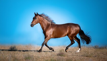Obraz premium majestic brown horse trotting gracefully against a blue background