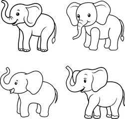 set of elephants in vector one line art