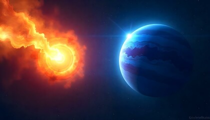 Obraz premium A digital artwork of a cosmic scene featuring two celestial bodies against a backdrop of stars. On the left, there is a fiery explosion of orange and yellow hues