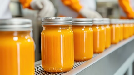 A production line of jars filled with orange liquid, showcasing a clean and organized processing environment.