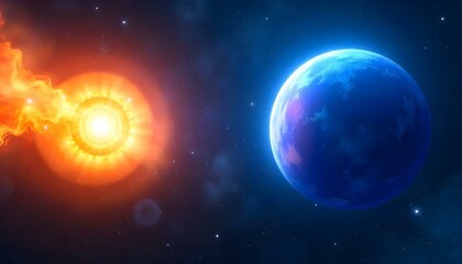 Fototapeta premium A digital artwork of a cosmic scene featuring two celestial bodies against a backdrop of stars. On the left, there is a fiery explosion of orange and yellow hues