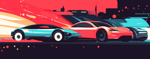 Futuristic race cars in motion against cityscape at night - vector.