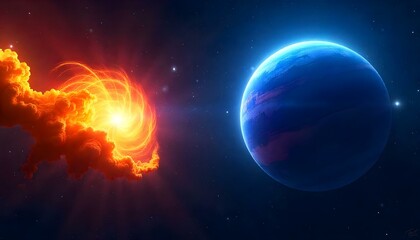 Obraz premium A digital artwork of a cosmic scene featuring two celestial bodies against a backdrop of stars. On the left, there is a fiery explosion of orange and yellow hues