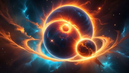 A digital artwork of a cosmic scene featuring two celestial bodies against a backdrop of stars. On the left, there is a fiery explosion of orange and yellow hues