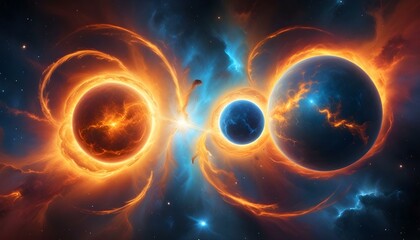 Obraz premium A digital artwork of a cosmic scene featuring two celestial bodies against a backdrop of stars. On the left, there is a fiery explosion of orange and yellow hues