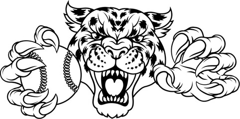 A jaguar, panther, leopard or cheetah wildcat spotted cat baseball or softball team mascot holding a ball