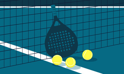 Padel racket and balls leaning on the net of a padel court