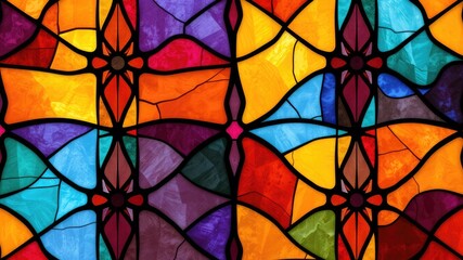 Vibrant Stained Glass Window with Abstract Symmetric Patterns and Rich Colors