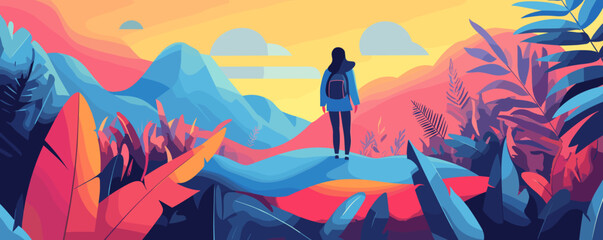 Fototapeta premium Adventurous woman in vibrant landscape with mountains and plants at sunrise - vector.