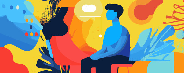 Fototapeta premium Abstract art of contemplative man in vibrant colors and shapes - vector.