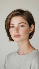 Fototapeta premium Portrait of a Young Woman with Short Brown Hair and Freckles
