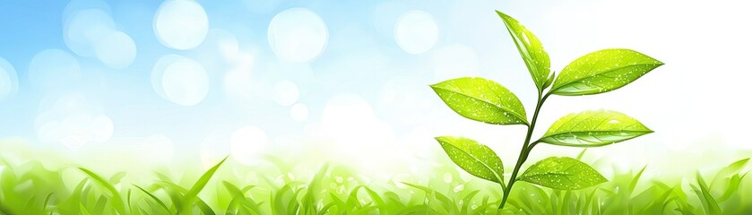 Obraz premium Spring tea plant sprout in grass, sunny bokeh background. Nature growth concept