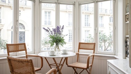Inviting Parisian breakfast nook round marble bistro table rattan caf chairs fresh lavender vase Elegant and cozy ambiance