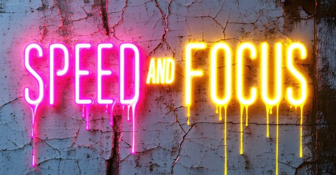 Glowing message speed and focus in pink and yellow thick font on cracked wall with dripping neon glow and subtle cable trails