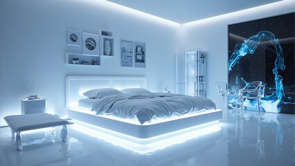 Step into the future with a sleek futuristic bedroom featuring a floating LED lit bed acrylic furniture and a digital art display