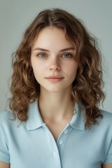 Fototapeta premium Portrait of a Young Woman with Curly Brown Hair Wearing a Light Blue Polo Shirt