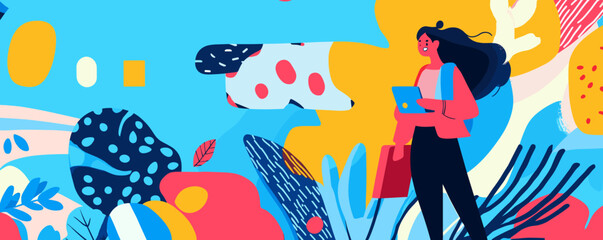 Colorful abstract background with businesswoman holding tablet and briefcase - vector.