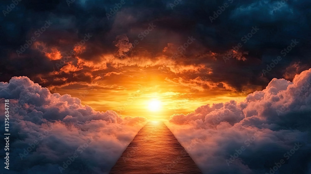 Poster dark clouds sunset horizon with fiery clouds and glowing sky concept. stunning sunset illuminating c