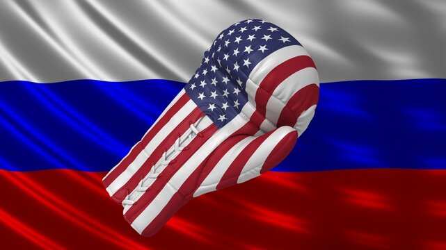 Confrontation USA Russia boxing glove conflict graphic illustration in high resolution for print and business