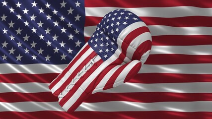 USA trade war flag on boxing glove and background