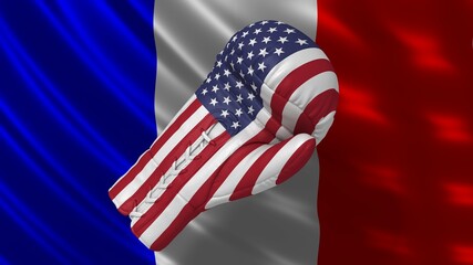 US France  USA tariffs trade war conflict graphic illustration with flags and boxing glove in high resolution for print and business