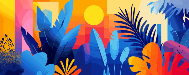 Colorful tropical sunset with vibrant leaves and sunlight, geometric art - vector.