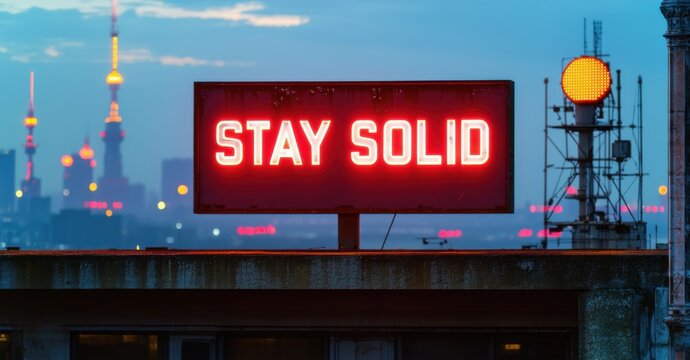 Naklejki Glowing sign stay solid in bold red and white letters attached to rooftop ledge with city skyline behind glowing antennas and blinking red aviation lights nearby