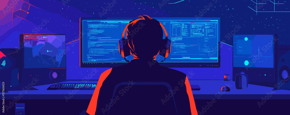 Wall mural person coding at computer in futuristic workspace with monitors and headphones - vector.