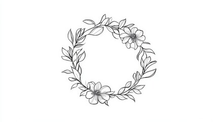 Minimalist black and white continuous line drawing of a floral wreath, showcasing a boho chic hand-drawn design with intricate details, perfect for modern home d&eacute;cor and artistic projects.