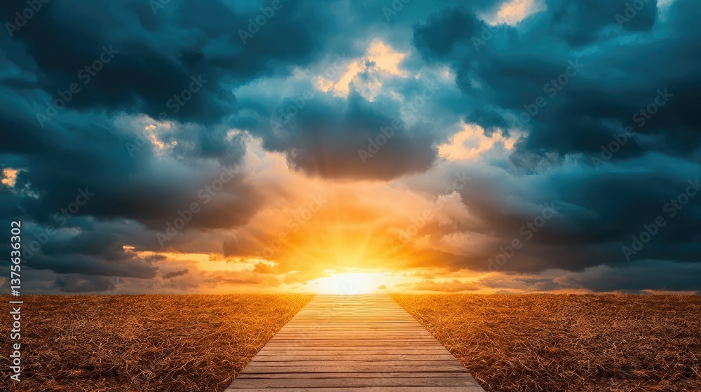 Aufkleber dark clouds sunset horizon with fiery clouds and glowing sky concept. a serene pathway leading to a 