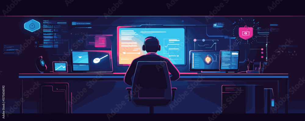 Poster futuristic programmer at multiscreen workstation in neon tech environment - vector.