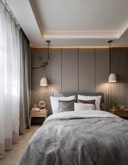 Fototapeta premium Minimalist Bedroom with Soft Lighting and Monochrome Accents