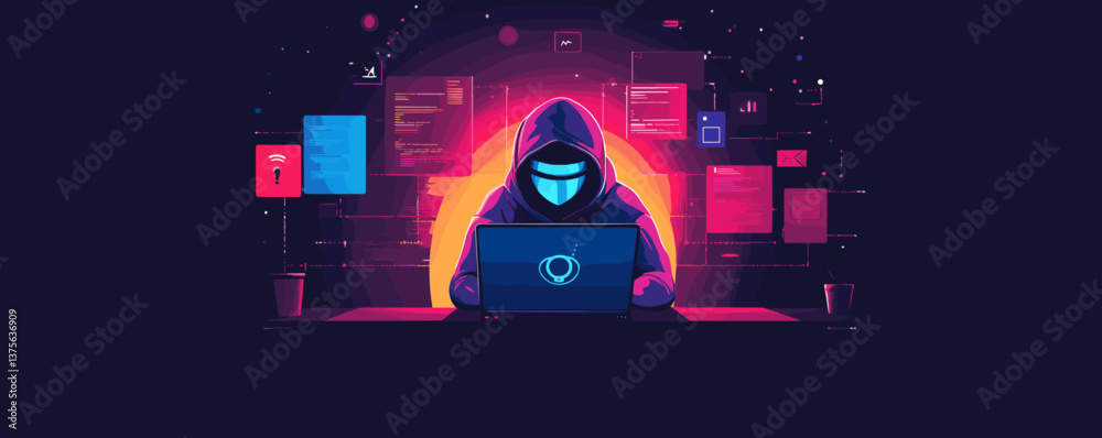 Poster cybersecurity hacker in dark environment with laptop, digital code, and neon lights - vector.