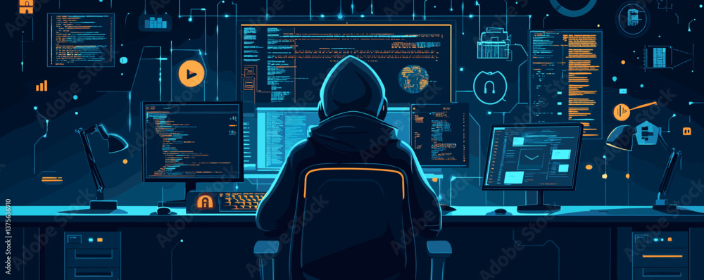 Poster hacker in dark room operating multiple computer screens with code and data elements - vector.