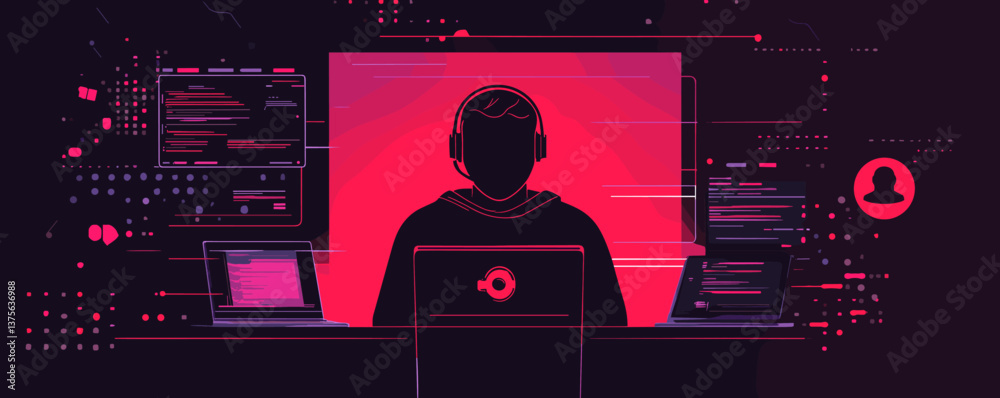 Poster futuristic programmer at workstation with laptops and code on screen - vector.