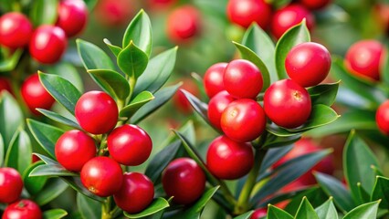 Fototapeta premium Close-up of Ruscus aculeatus sprouts with red berries, plant care, berry, plant care, berry, roots, close-up,ruscus