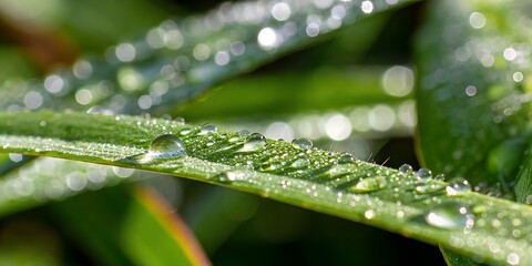 Concept: "Macro photography of dew drops on green leaf, morning sunlight, high detail, for use in nature and environmental projects."