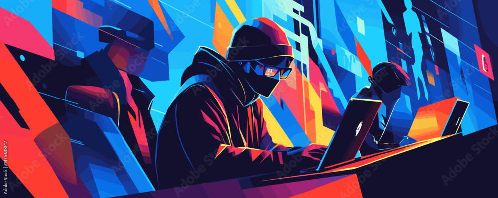 Poster hacker team in futuristic setting operating laptops in vibrant abstract art - vector.