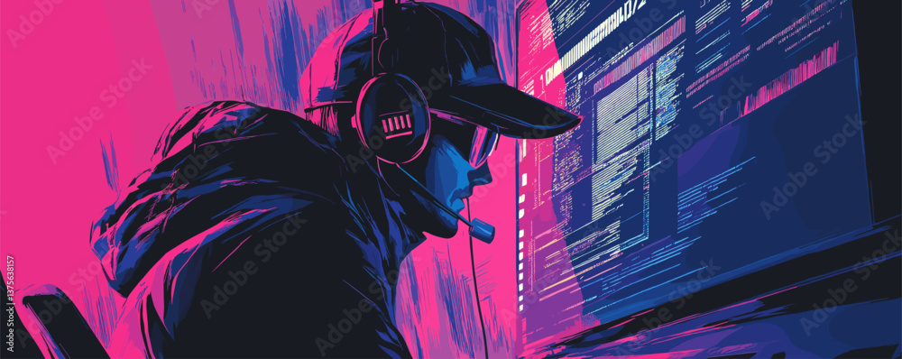 Poster futuristic hacker at computer monitor in cyberpunk style - vector.