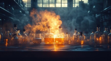 Obraz premium Vintage Laboratory Glassware and Medications on Dark Wood Table with Dramatic Lighting