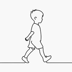 One line art boy neutrally walking against white background with copy space