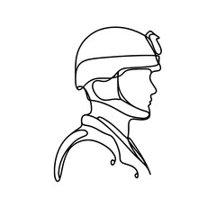 One line art soldier serious wearing helmet representing military service against white background with copy space