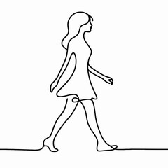 One line art woman elegantly walking against white background with copy space