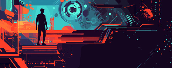 Futuristic sci-fi artwork featuring a silhouette and abstract geometric elements - vector.